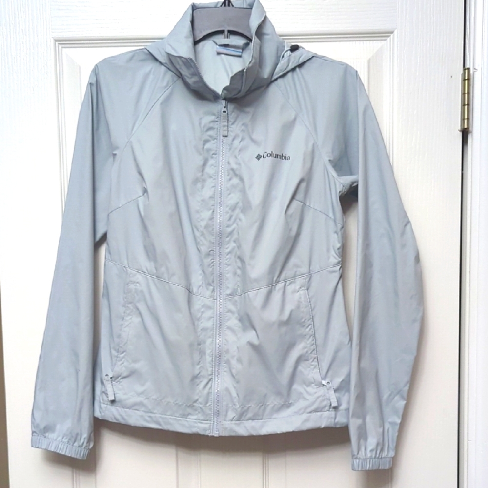 Columbia Columbia Hooded Windbreaker Rain Jacket Light Gray Blue XS Lightweight
